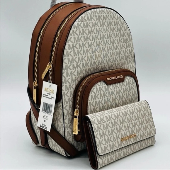 Michael Kors Medium Jaycee Zip Packet Backpack & Trifold Wallet Vanilla/Brown - Picture 6 of 16